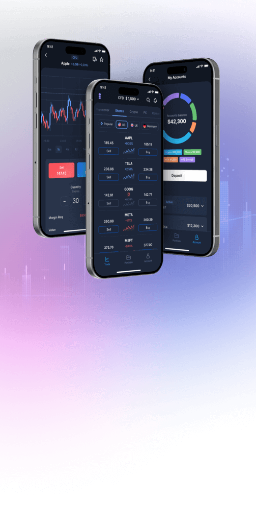 image of 3 phones displaying trading app features